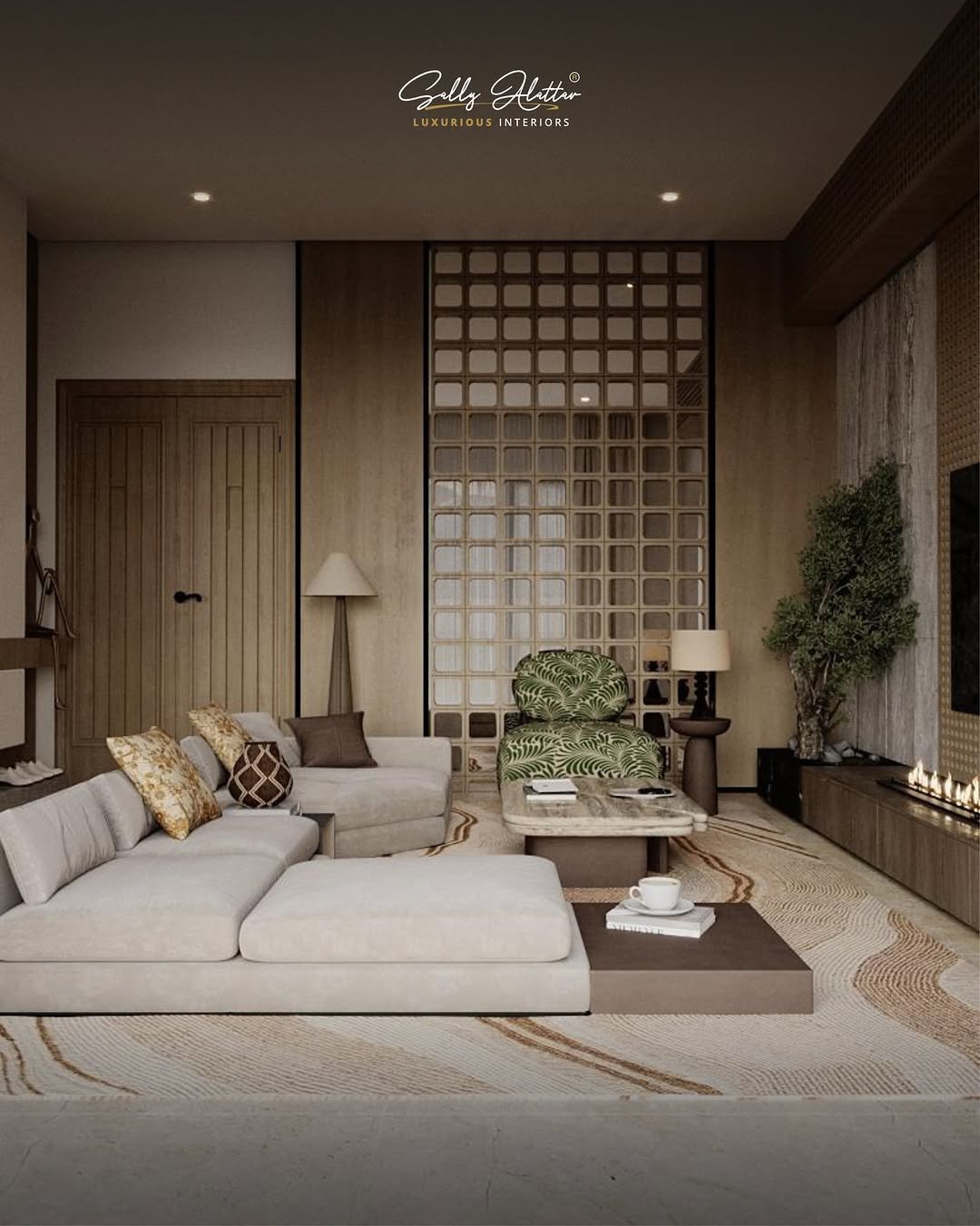 Sally Alattar living-room design with timber screens and layered natural furnishings