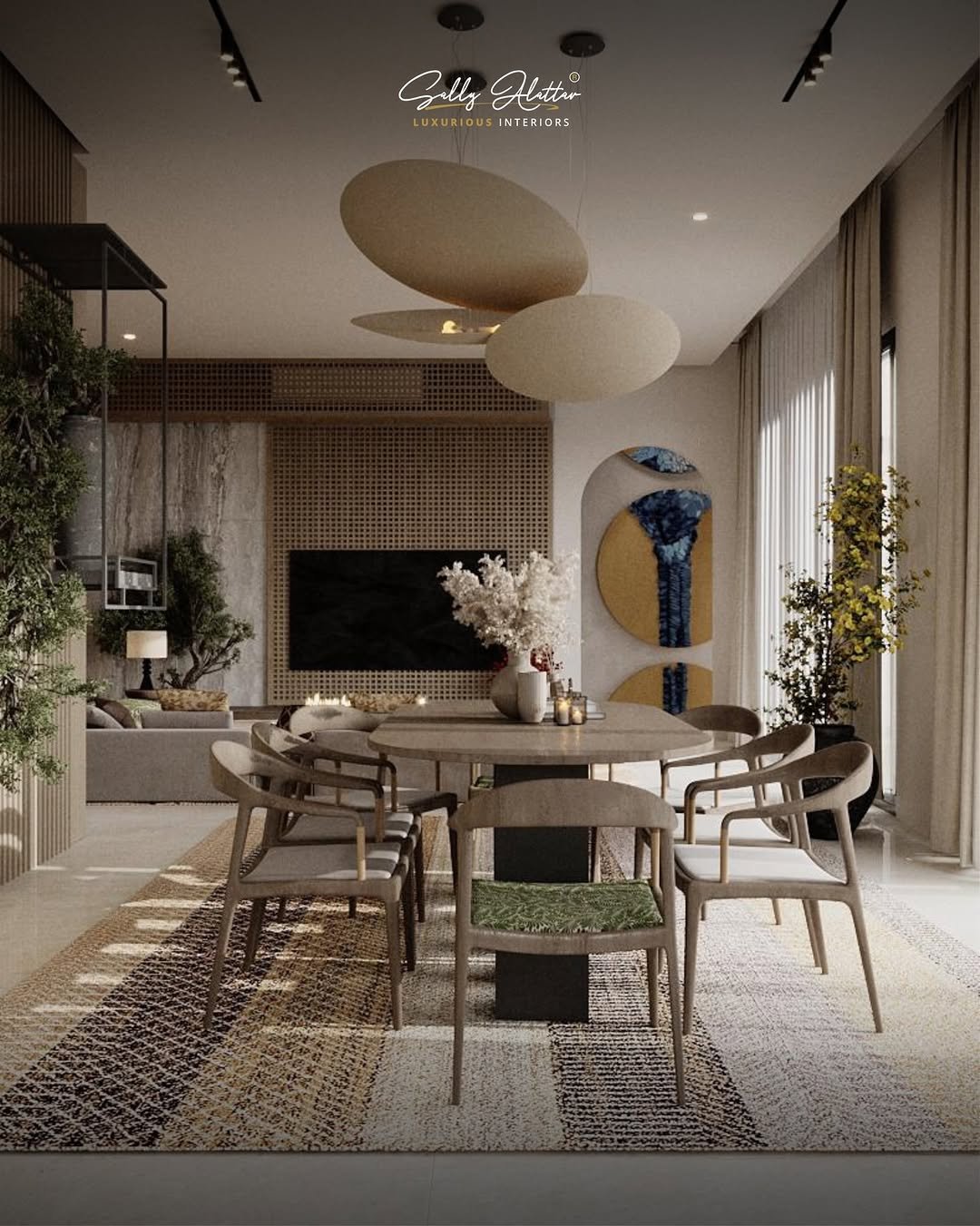 Sally Alattar living and dining design with natural wood, sculptural pendants and woven textures