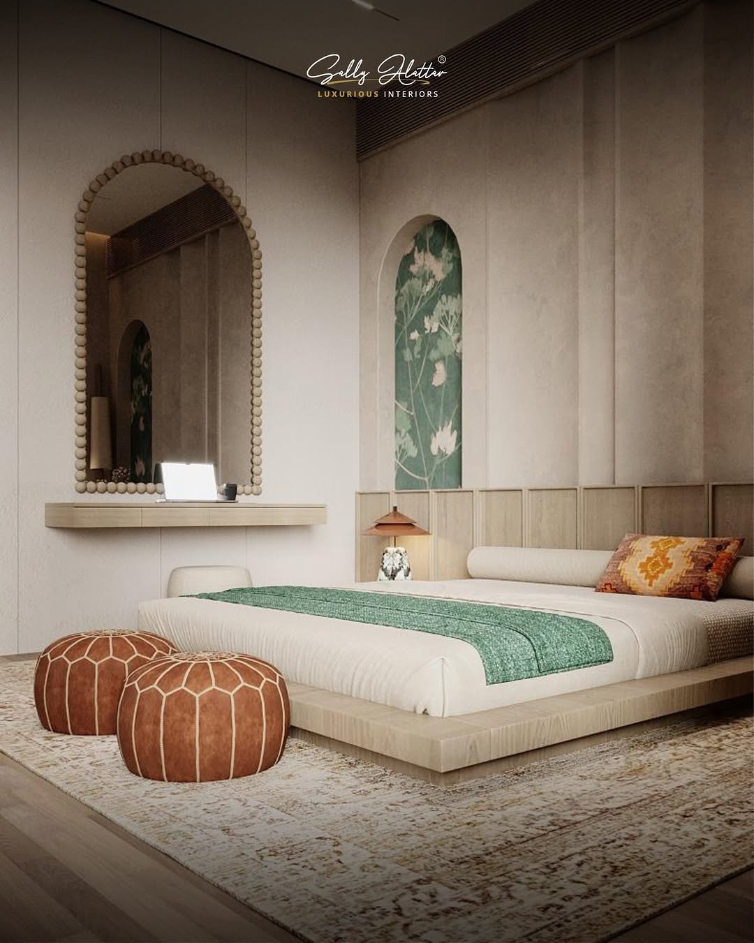 Sally Alattar bedroom design with green accents, oak finishes and Moroccan-inspired details